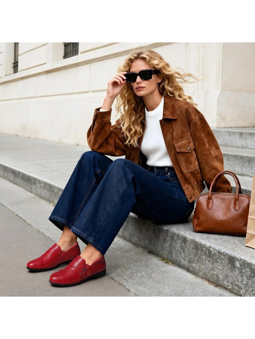 Womens Red Faux Leather Business Casual Dressy Loafers Comfortable Loafers - Picture 2 of 6